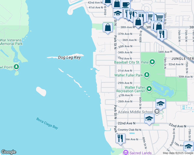 map of restaurants, bars, coffee shops, grocery stores, and more near 8285 30th Avenue North in St. Petersburg