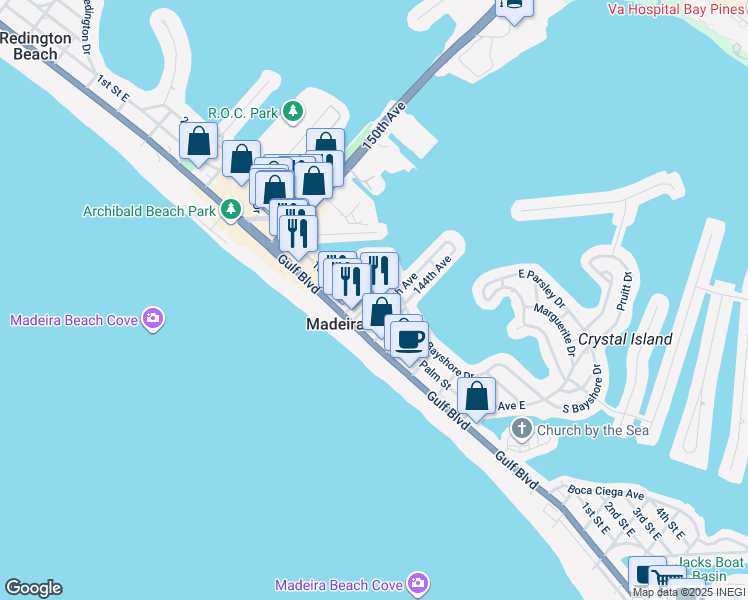 map of restaurants, bars, coffee shops, grocery stores, and more near 140 147th Avenue in Madeira Beach