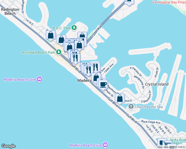 map of restaurants, bars, coffee shops, grocery stores, and more near 140 147th Avenue in Madeira Beach