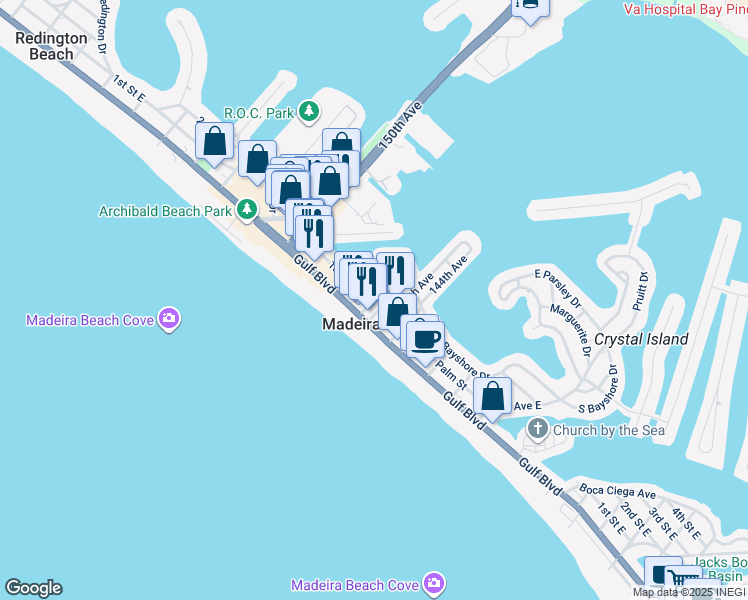 map of restaurants, bars, coffee shops, grocery stores, and more near 140 147th Avenue in Madeira Beach