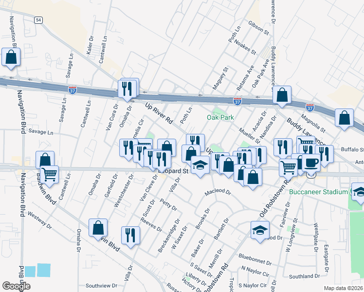 map of restaurants, bars, coffee shops, grocery stores, and more near 4109 Up River Road in Corpus Christi