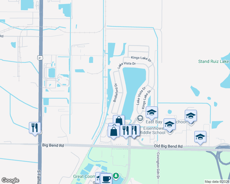 map of restaurants, bars, coffee shops, grocery stores, and more near 12945 Bridleford Drive in Gibsonton