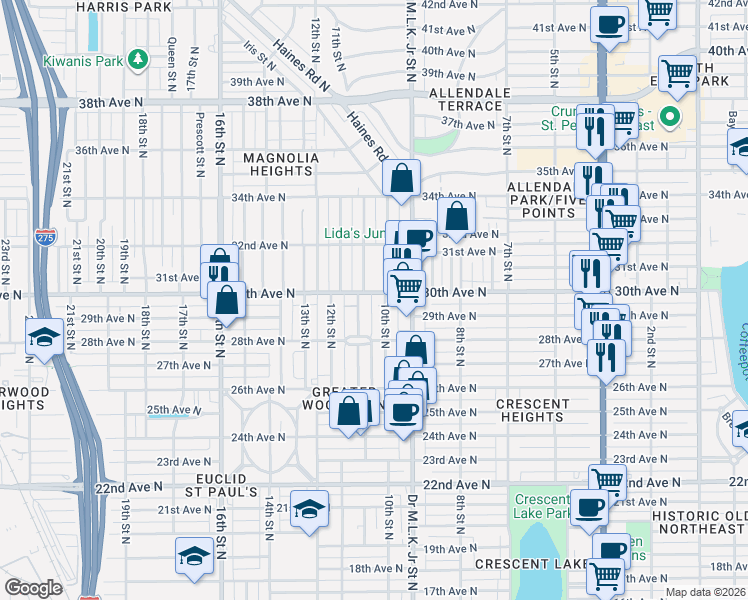 map of restaurants, bars, coffee shops, grocery stores, and more near 1021 30th Avenue North in St. Petersburg