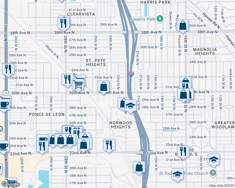 map of restaurants, bars, coffee shops, grocery stores, and more near 3005 24th Street North in St. Petersburg
