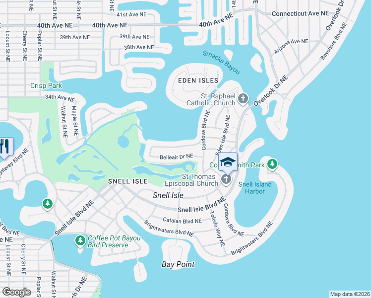 map of restaurants, bars, coffee shops, grocery stores, and more near 349 Bayview Drive Northeast in St. Petersburg