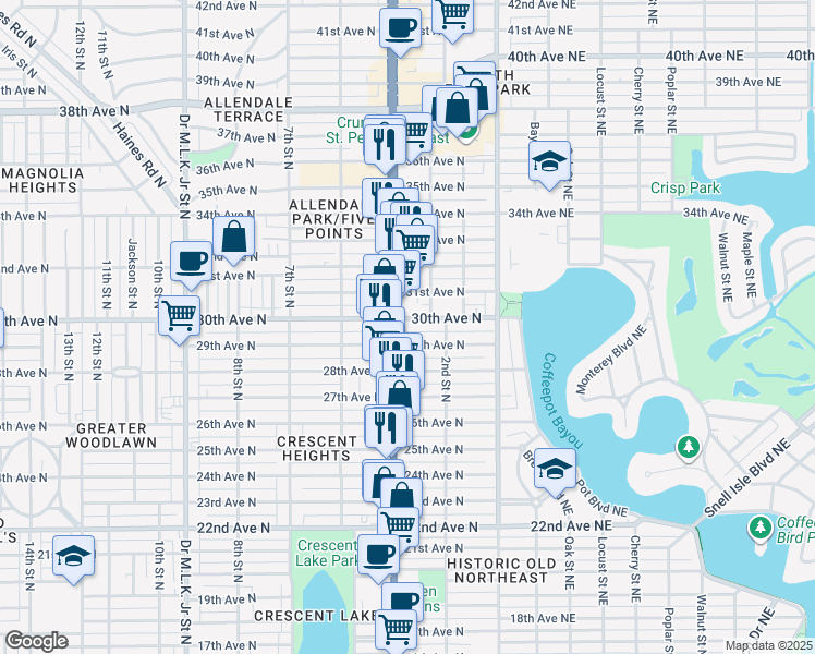 map of restaurants, bars, coffee shops, grocery stores, and more near 345 30th Avenue North in St. Petersburg