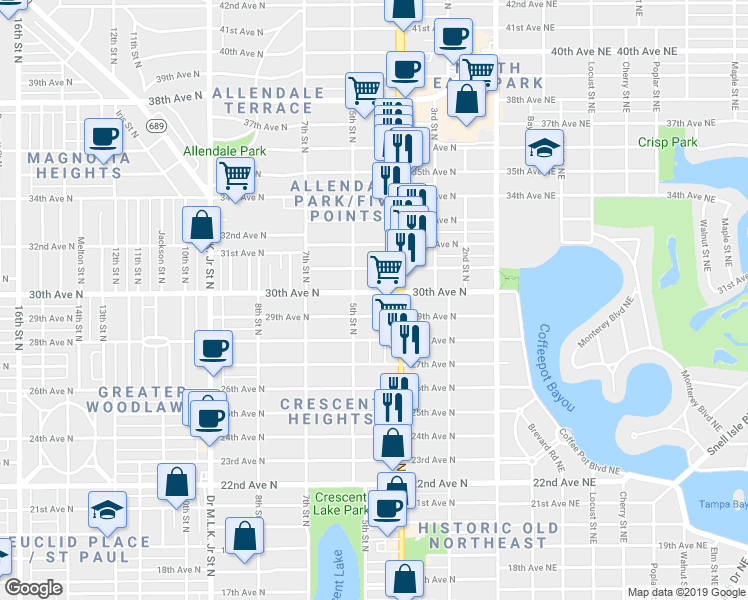 map of restaurants, bars, coffee shops, grocery stores, and more near 441 30th Avenue North in St. Petersburg