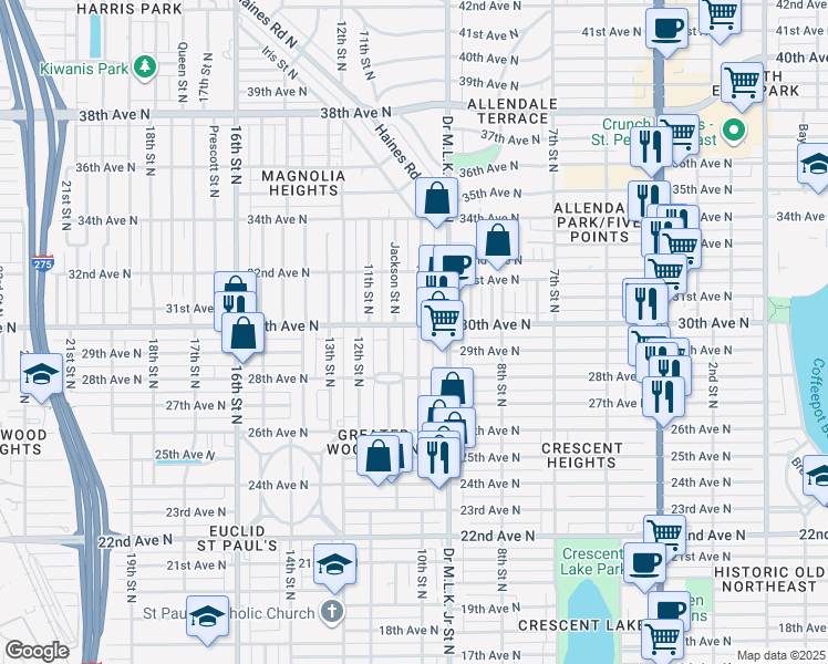 map of restaurants, bars, coffee shops, grocery stores, and more near 1021 30th Avenue North in St. Petersburg