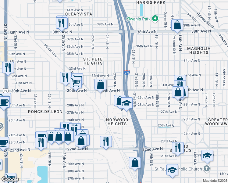 map of restaurants, bars, coffee shops, grocery stores, and more near 3005 24th Street North in St. Petersburg