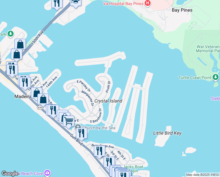 map of restaurants, bars, coffee shops, grocery stores, and more near 726 Pruitt Drive in Madeira Beach