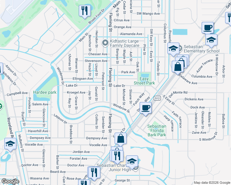 map of restaurants, bars, coffee shops, grocery stores, and more near 510 Saunders Street in Sebastian