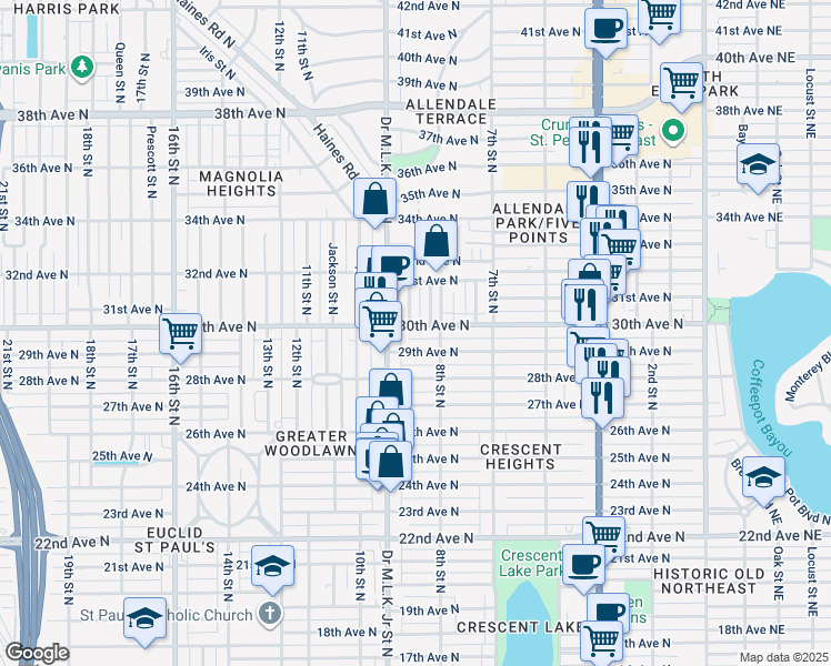 map of restaurants, bars, coffee shops, grocery stores, and more near 831 30th Avenue North in St. Petersburg