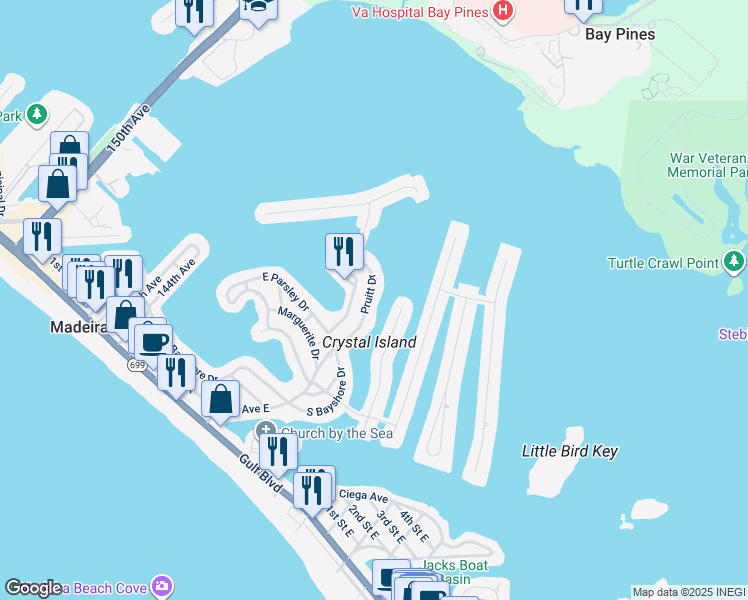 map of restaurants, bars, coffee shops, grocery stores, and more near 726 Pruitt Drive in Madeira Beach