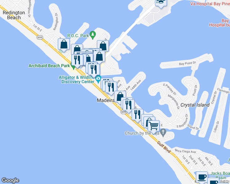 map of restaurants, bars, coffee shops, grocery stores, and more near 119 147th Ave E in Madeira Beach