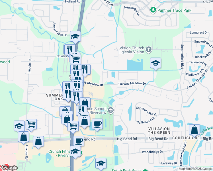 map of restaurants, bars, coffee shops, grocery stores, and more near 11121 Fairway Meadow Drive in Riverview
