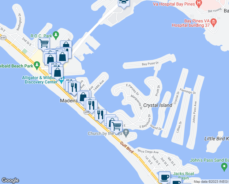 map of restaurants, bars, coffee shops, grocery stores, and more near 18618 East Parsley Drive in Madeira Beach