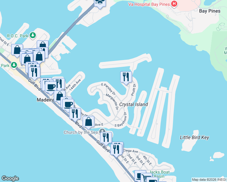 map of restaurants, bars, coffee shops, grocery stores, and more near 20 Lynn Way in Madeira Beach