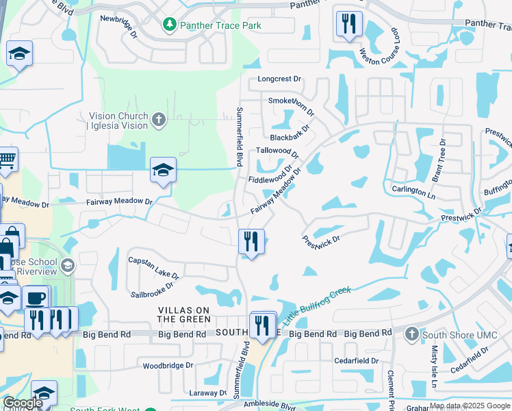 map of restaurants, bars, coffee shops, grocery stores, and more near 12909 Leadwood Drive in Riverview
