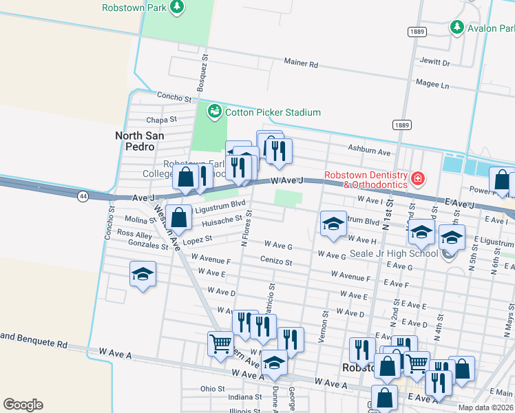 map of restaurants, bars, coffee shops, grocery stores, and more near 520 West Ligustrum Boulevard in Robstown