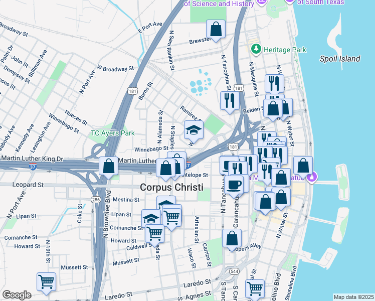 map of restaurants, bars, coffee shops, grocery stores, and more near 924 Winnebago Street in Corpus Christi