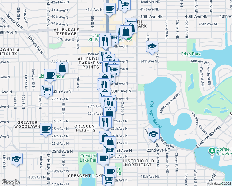 map of restaurants, bars, coffee shops, grocery stores, and more near 345 30th Avenue North in St. Petersburg