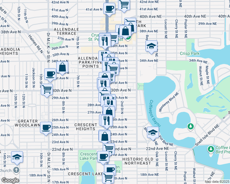 map of restaurants, bars, coffee shops, grocery stores, and more near 345 30th Avenue North in St. Petersburg