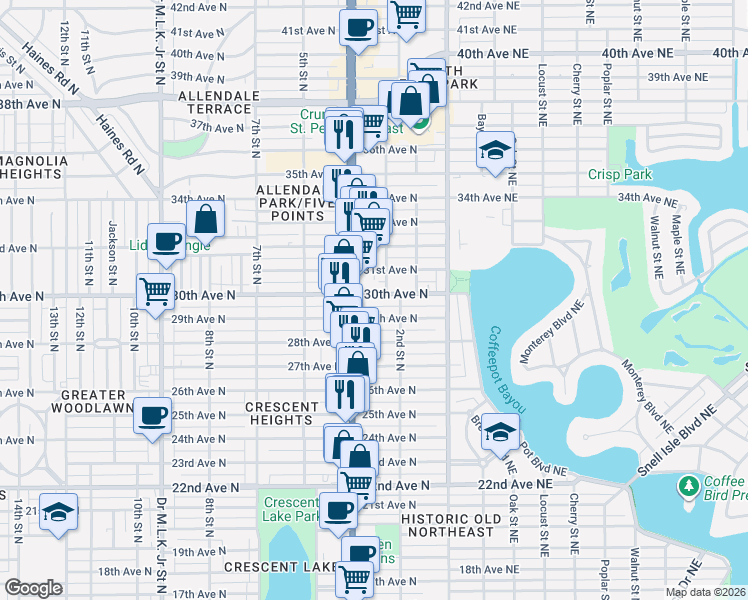 map of restaurants, bars, coffee shops, grocery stores, and more near 345 30th Avenue North in St. Petersburg
