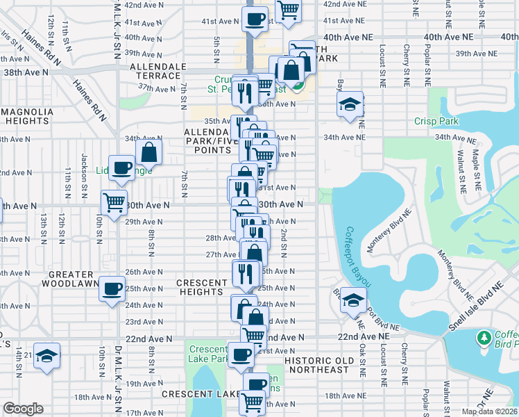 map of restaurants, bars, coffee shops, grocery stores, and more near 345 30th Avenue North in St. Petersburg