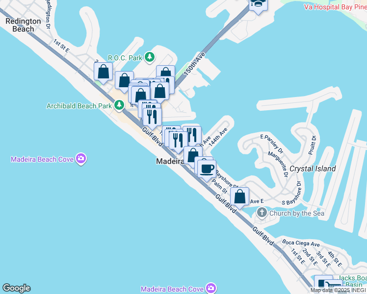map of restaurants, bars, coffee shops, grocery stores, and more near 140 147th Avenue in Madeira Beach