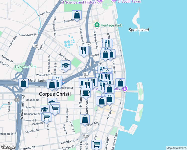 map of restaurants, bars, coffee shops, grocery stores, and more near 901 North Upper Broadway in Corpus Christi