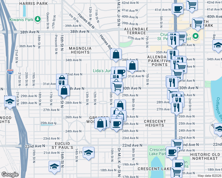 map of restaurants, bars, coffee shops, grocery stores, and more near 1021 30th Avenue North in St. Petersburg
