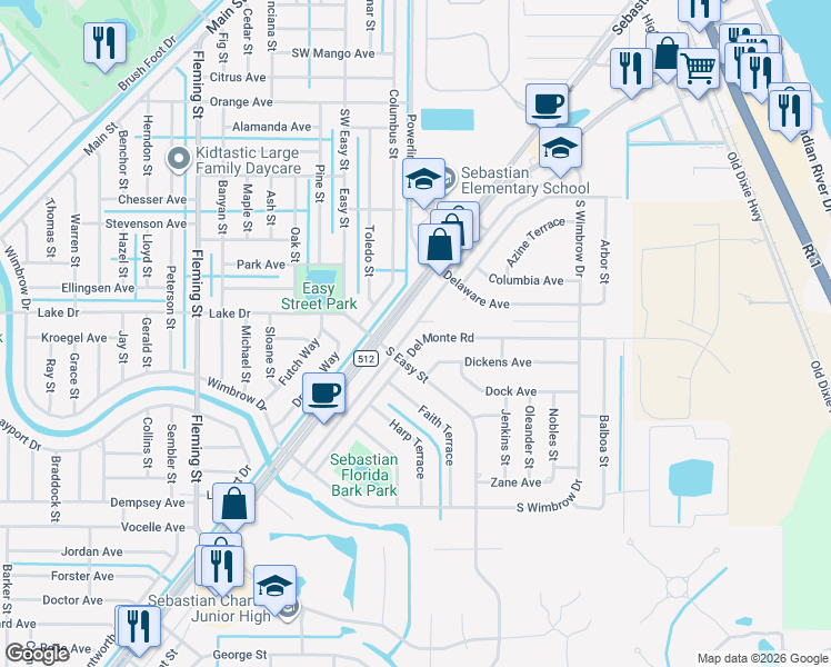 map of restaurants, bars, coffee shops, grocery stores, and more near 270 Del Monte Road in Sebastian