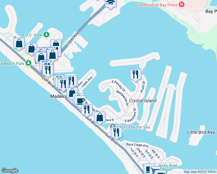 map of restaurants, bars, coffee shops, grocery stores, and more near 14176 West Parsley Drive in Madeira Beach