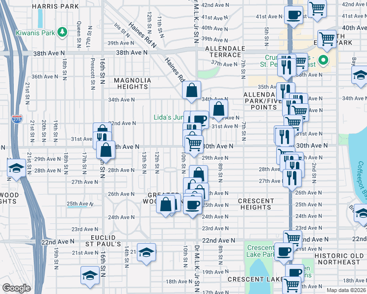 map of restaurants, bars, coffee shops, grocery stores, and more near 1021 30th Avenue North in St. Petersburg
