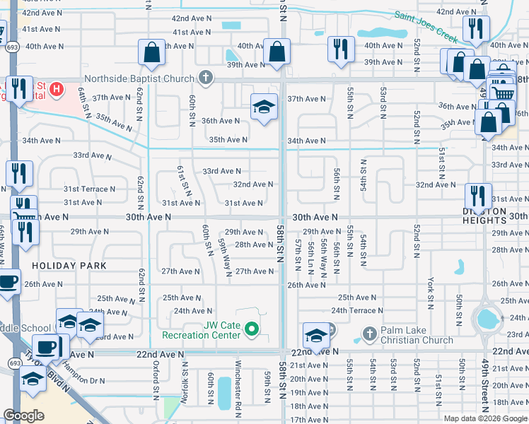 map of restaurants, bars, coffee shops, grocery stores, and more near 5816 31st Avenue North in St. Petersburg