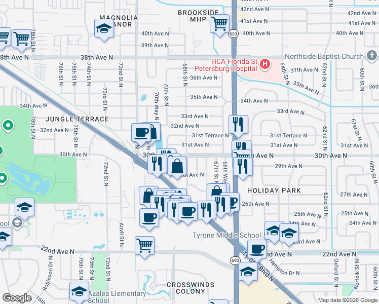 map of restaurants, bars, coffee shops, grocery stores, and more near 3001 68th Street North in St. Petersburg