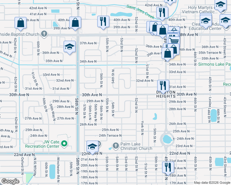 map of restaurants, bars, coffee shops, grocery stores, and more near 5347 30th Avenue North in St. Petersburg