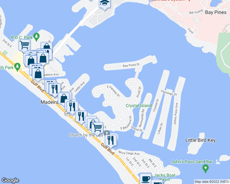 map of restaurants, bars, coffee shops, grocery stores, and more near 14103 East Parsley Drive in Madeira Beach