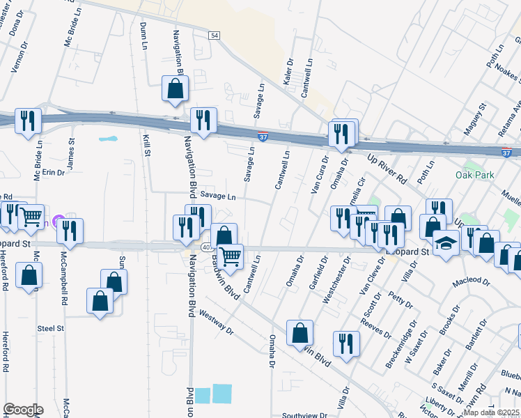map of restaurants, bars, coffee shops, grocery stores, and more near 745 Cantwell Lane in Corpus Christi