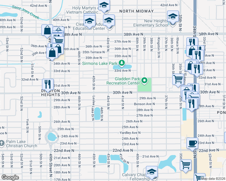 map of restaurants, bars, coffee shops, grocery stores, and more near 4125 30th Avenue North in St. Petersburg