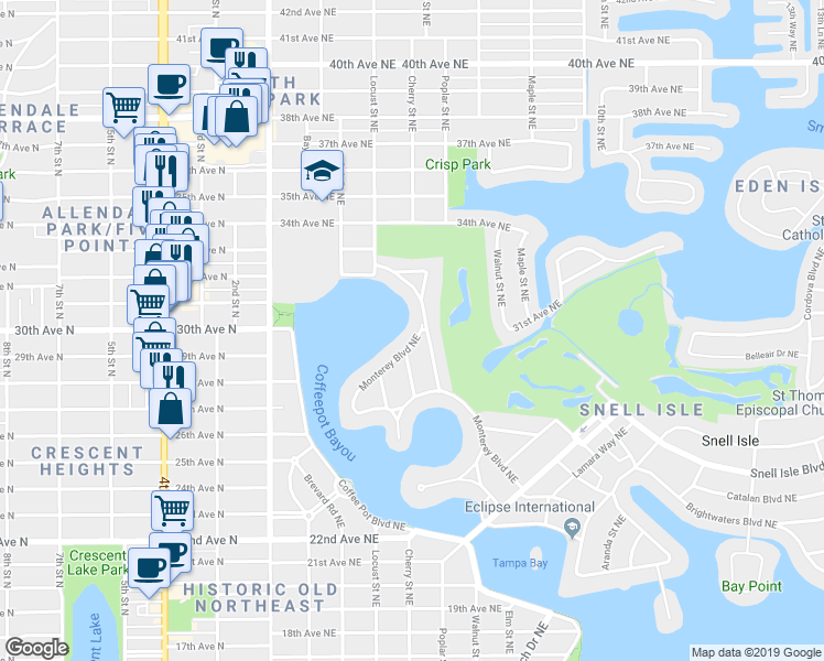 map of restaurants, bars, coffee shops, grocery stores, and more near 1326 Monterey Blvd NE in St Petersburg