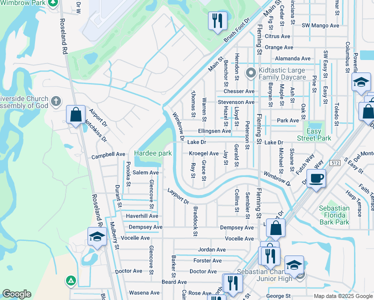 map of restaurants, bars, coffee shops, grocery stores, and more near 772 Kroegel Avenue in Sebastian