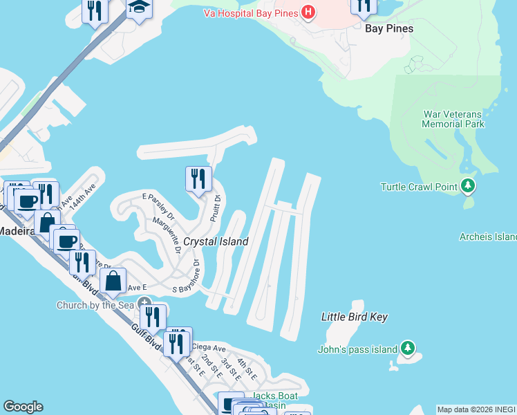 map of restaurants, bars, coffee shops, grocery stores, and more near 556 Crystal Drive in Madeira Beach