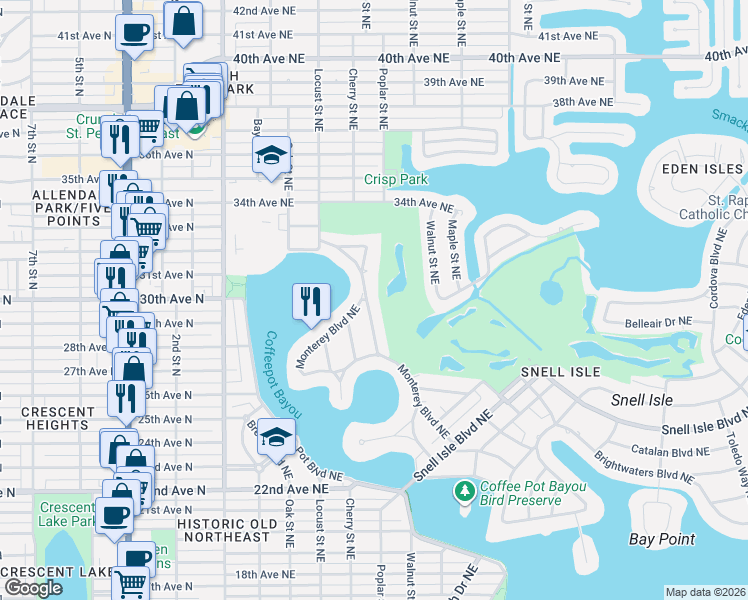 map of restaurants, bars, coffee shops, grocery stores, and more near 167 Almedo Way Northeast in St. Petersburg
