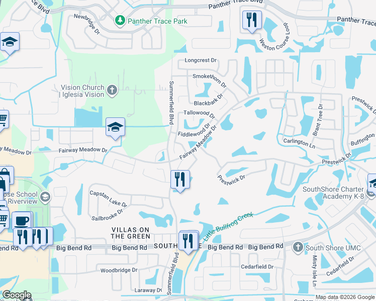 map of restaurants, bars, coffee shops, grocery stores, and more near 12912 Leadwood Drive in Riverview