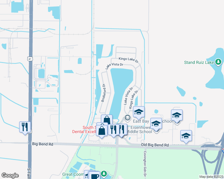 map of restaurants, bars, coffee shops, grocery stores, and more near 12607 Lake Vista Drive in Gibsonton
