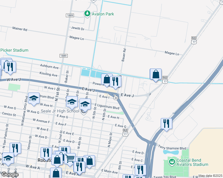 map of restaurants, bars, coffee shops, grocery stores, and more near 509 East Avenue J in Robstown