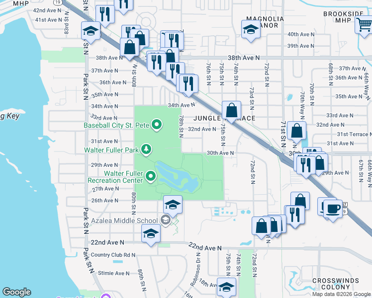 map of restaurants, bars, coffee shops, grocery stores, and more near 7773 30th Avenue North in Saint Petersburg