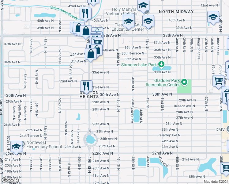 map of restaurants, bars, coffee shops, grocery stores, and more near 4615 30th Avenue North in Saint Petersburg