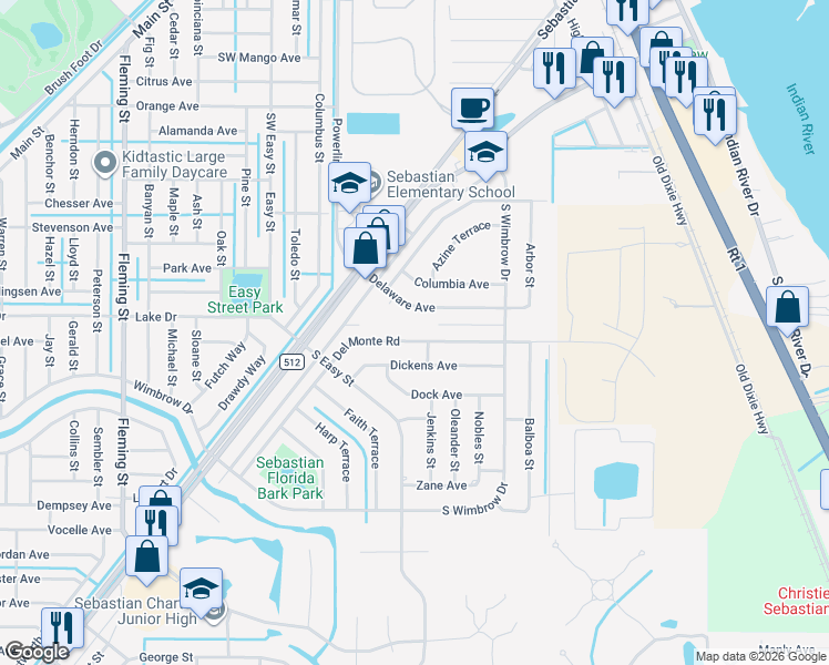 map of restaurants, bars, coffee shops, grocery stores, and more near 222 Del Monte Road in Sebastian